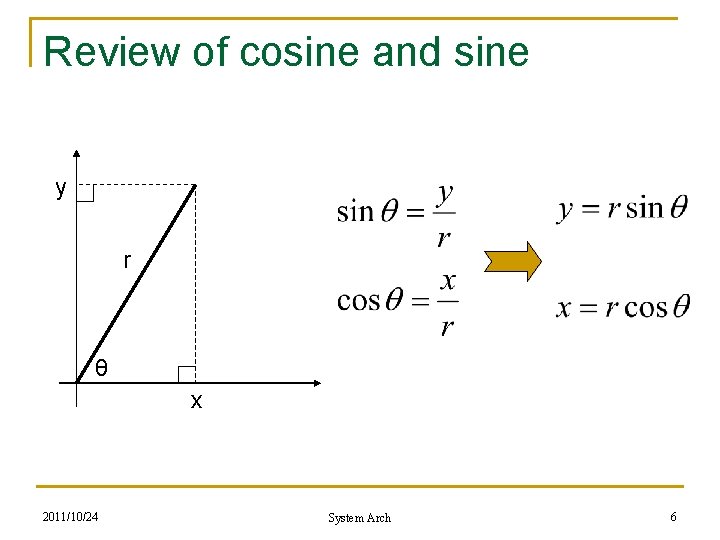 Review of cosine and sine y r θ x 2011/10/24 System Arch 6 Review of cosine and sine y r θ x 2011/10/24 System Arch 6