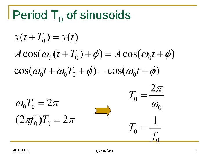 Period T 0 of sinusoids 2011/10/24 System Arch 7 Period T 0 of sinusoids 2011/10/24 System Arch 7