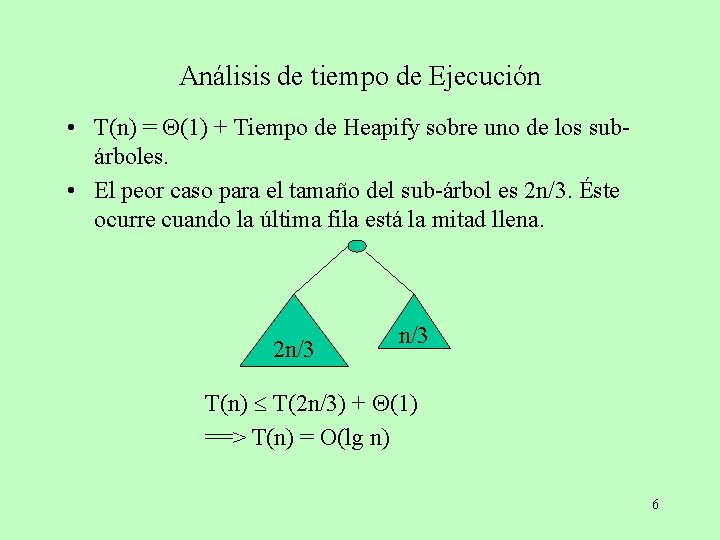 Análisis de tiempo de Ejecución • T(n) = (1) + Tiempo de Heapify sobre