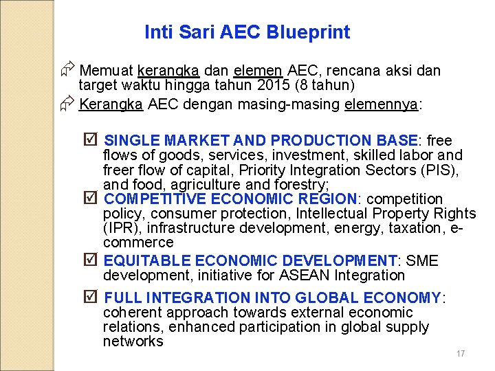 Inti Sari AEC Blueprint Æ Memuat kerangka dan elemen AEC, rencana aksi dan target