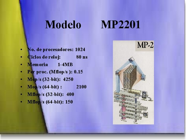 Modelo • • No. de procesadores: 1024 Ciclos de reloj: 80 ns Memoria 1