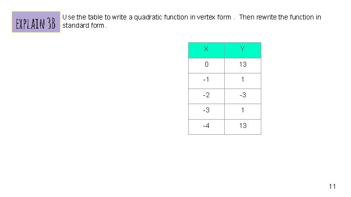 explain 3 B Use the table to write a quadratic function in vertex form.