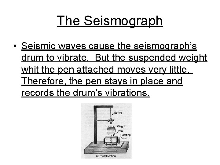 The Seismograph • Seismic waves cause the seismograph’s drum to vibrate. But the suspended