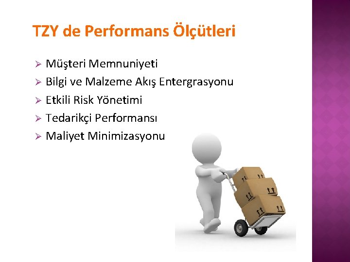 TZY de Performans Ölçütleri Müşteri Memnuniyeti Ø Bilgi ve Malzeme Akış Entergrasyonu Ø Etkili