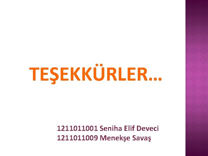 TEŞEKKÜRLER… 1211011001 Seniha Elif Deveci 1211011009 Menekşe Savaş 
