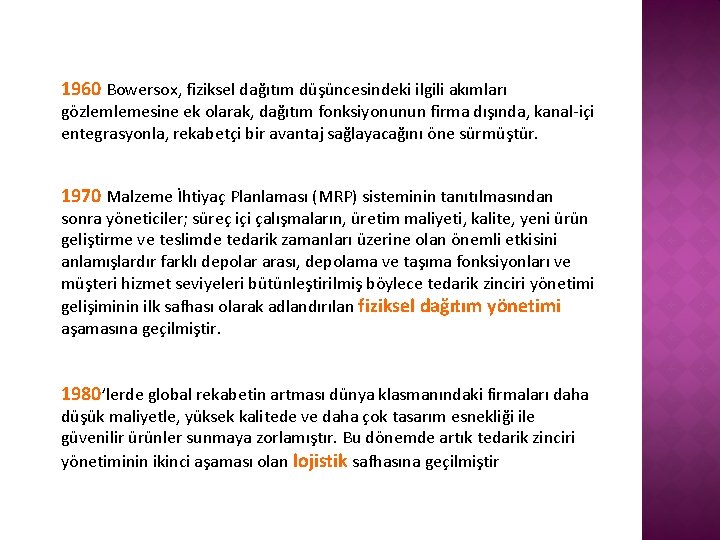1960 Bowersox, fiziksel dağıtım düşüncesindeki ilgili akımları gözlemlemesine ek olarak, dağıtım fonksiyonunun firma dışında,