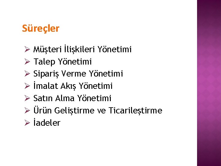 Süreçler Ø Müşteri İlişkileri Yönetimi Ø Talep Yönetimi Ø Sipariş Verme Yönetimi Ø İmalat
