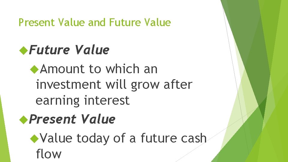 Present Value and Future Value Amount to which an investment will grow after earning