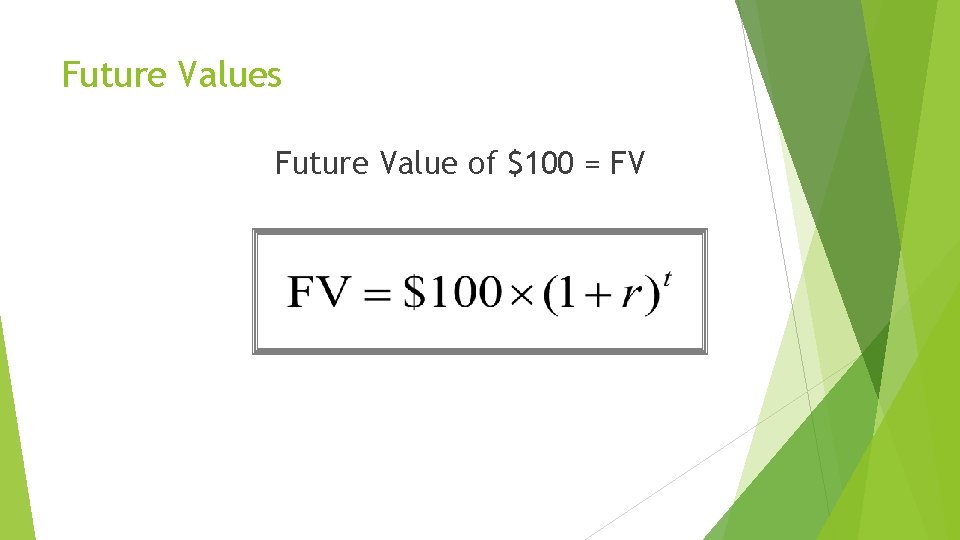 Future Values Future Value of $100 = FV 