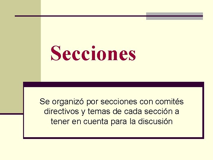 Secciones Se organizó por secciones con comités directivos y temas de cada sección a