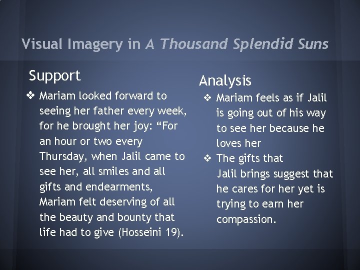 Visual Imagery in A Thousand Splendid Suns Support ❖ Mariam looked forward to seeing