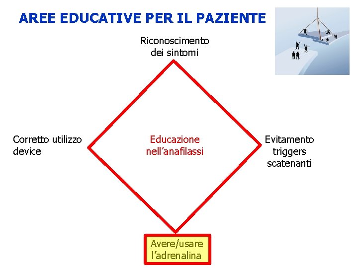 AREE EDUCATIVE PER IL PAZIENTE Riconoscimento dei sintomi Corretto utilizzo device Educazione nell’anafilassi Avere/usare AREE EDUCATIVE PER IL PAZIENTE Riconoscimento dei sintomi Corretto utilizzo device Educazione nell’anafilassi Avere/usare