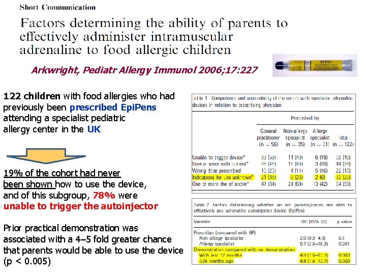Arkwright, Pediatr Allergy Immunol 2006; 17: 227 122 children with food allergies who had Arkwright, Pediatr Allergy Immunol 2006; 17: 227 122 children with food allergies who had