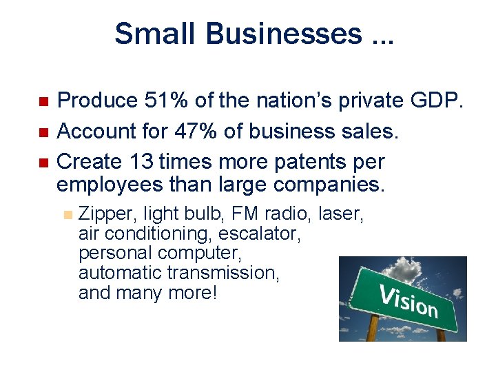 Small Businesses. . . (continued) n n n Produce 51% of the nation’s private