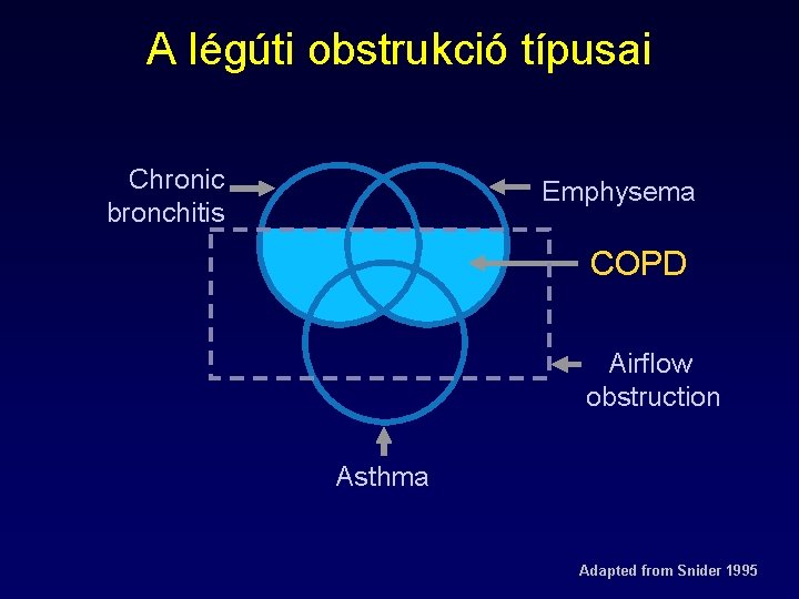 A légúti obstrukció típusai Chronic bronchitis Emphysema COPD Airflow obstruction Asthma Adapted from Snider