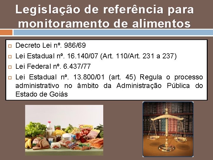 Legislação de referência para monitoramento de alimentos Decreto Lei nº. 986/69 Lei Estadual nº.
