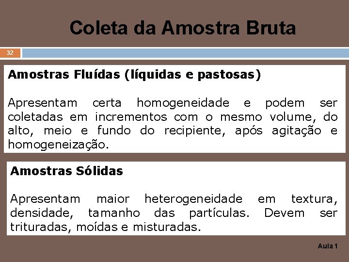 Coleta da Amostra Bruta 32 Amostras Fluídas (líquidas e pastosas) Apresentam certa homogeneidade e