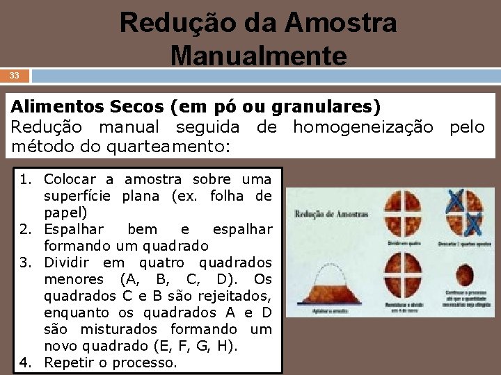 33 Redução da Amostra Manualmente Alimentos Secos (em pó ou granulares) Redução manual seguida