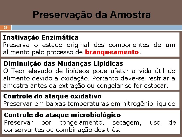 Preservação da Amostra 38 Inativação Enzimática Preserva o estado original dos componentes de um