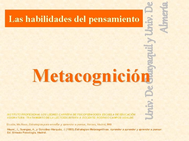 Univ. De Guayaquil y Univ. De Almería Las habilidades del pensamiento Metacognición INSTITUTO PROFESIONAL