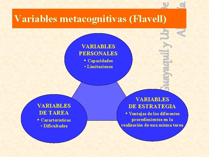 Univ. De Guayaquil y Univ. De Almería Variables metacognitivas (Flavell) VARIABLES PERSONALES • Capacidades