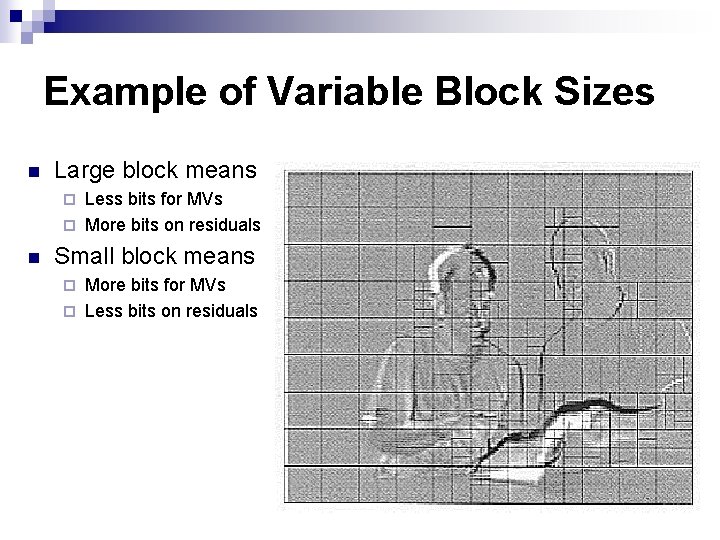 Example of Variable Block Sizes n Large block means Less bits for MVs ¨ Example of Variable Block Sizes n Large block means Less bits for MVs ¨