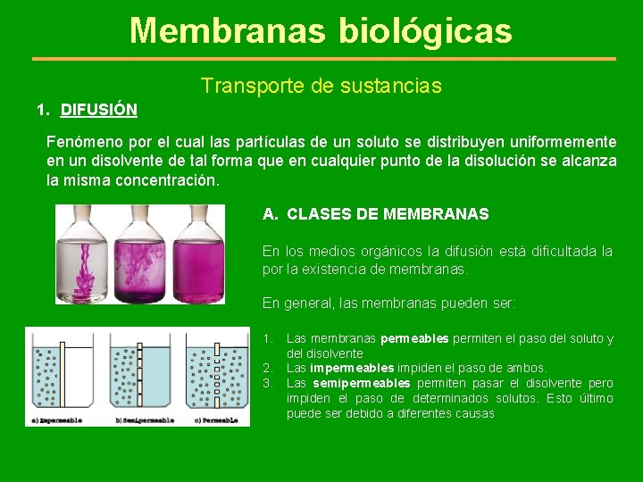 . Membranas biológicas Transporte de sustancias 1. DIFUSIÓN Fenómeno por el cual las partículas