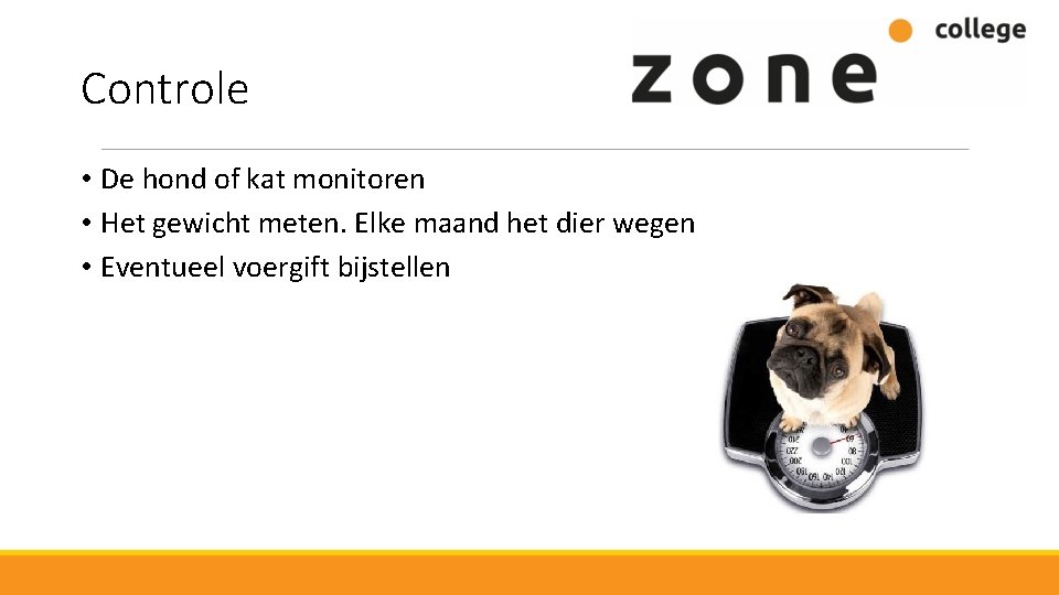 Controle • De hond of kat monitoren • Het gewicht meten. Elke maand het