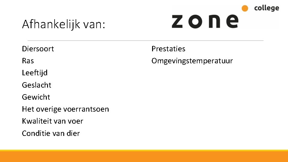 Afhankelijk van: Diersoort Ras Leeftijd Geslacht Gewicht Het overige voerrantsoen Kwaliteit van voer Conditie