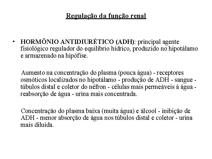 Regulação da função renal • HORMÔNIO ANTIDIURÉTICO (ADH): principal agente fisiológico regulador do equilíbrio Regulação da função renal • HORMÔNIO ANTIDIURÉTICO (ADH): principal agente fisiológico regulador do equilíbrio