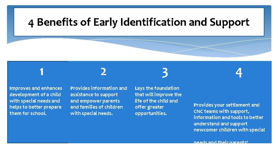 4 Benefits of Early Identification and Support 1 Improves and enhances development of a