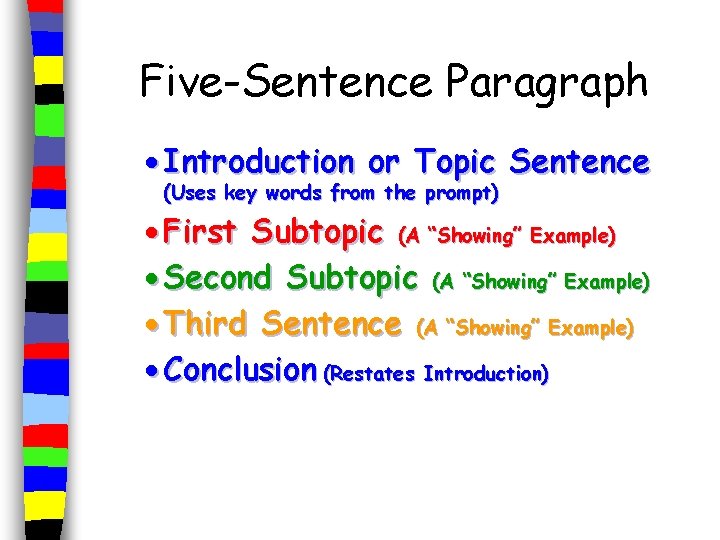 Five-Sentence Paragraph · Introduction or Topic Sentence (Uses key words from the prompt) ·