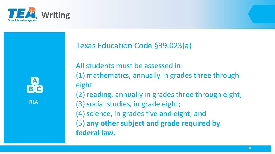Writing Texas Education Code § 39. 023(a) RLA All students must be assessed in: Writing Texas Education Code § 39. 023(a) RLA All students must be assessed in: