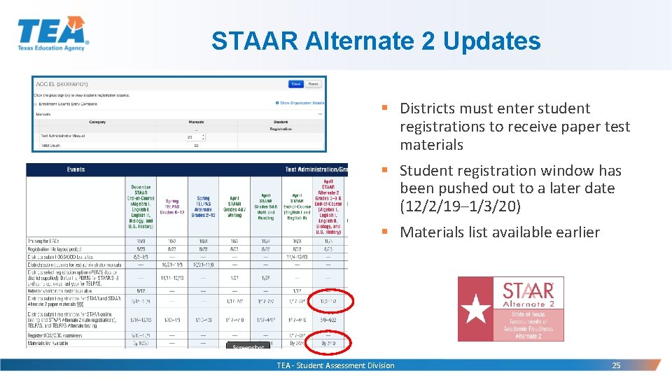 STAAR Alternate 2 Updates § Districts must enter student registrations to receive paper test STAAR Alternate 2 Updates § Districts must enter student registrations to receive paper test
