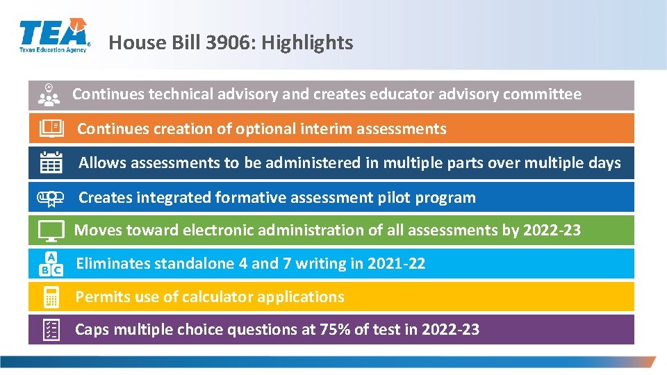 House Bill 3906: Highlights Continues technical advisory and creates educator advisory committee Continues creation House Bill 3906: Highlights Continues technical advisory and creates educator advisory committee Continues creation