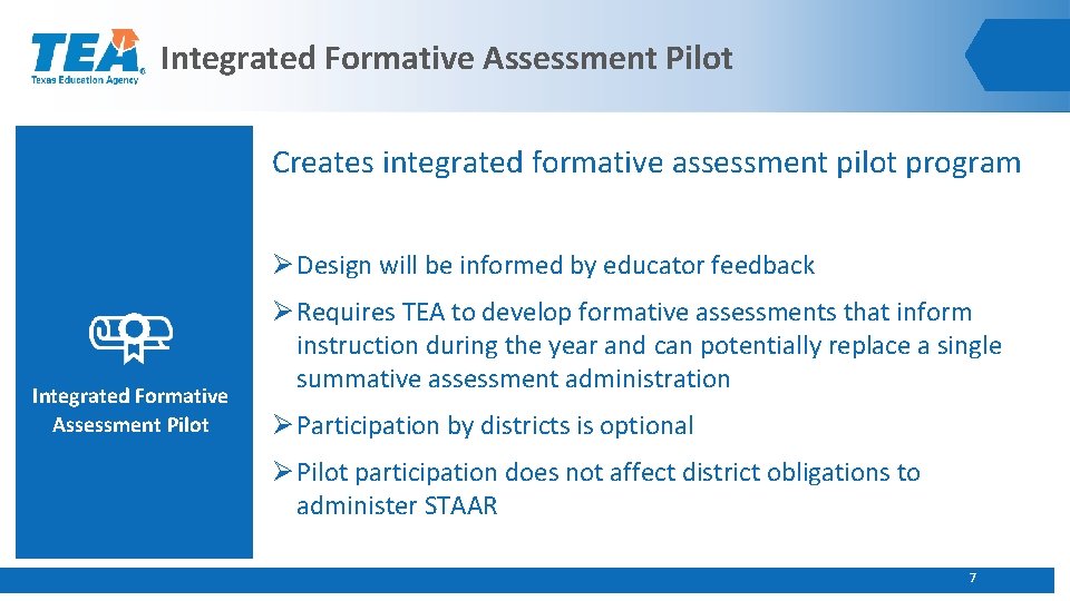 Integrated Formative Assessment Pilot Creates integrated formative assessment pilot program Ø Design will be