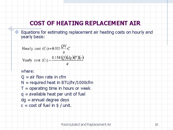 COST OF HEATING REPLACEMENT AIR v Equations for estimating replacement air heating costs on