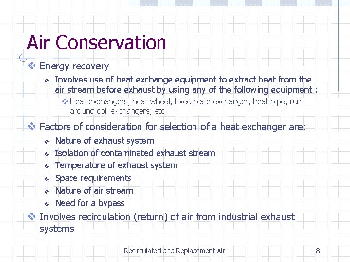 Air Conservation v Energy recovery v Involves use of heat exchange equipment to extract Air Conservation v Energy recovery v Involves use of heat exchange equipment to extract