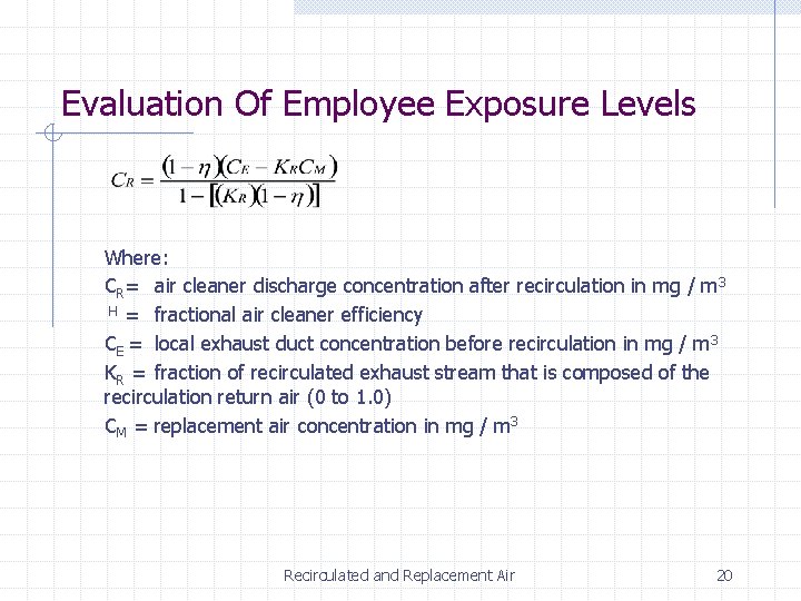 Evaluation Of Employee Exposure Levels Where: CR= air cleaner discharge concentration after recirculation in Evaluation Of Employee Exposure Levels Where: CR= air cleaner discharge concentration after recirculation in