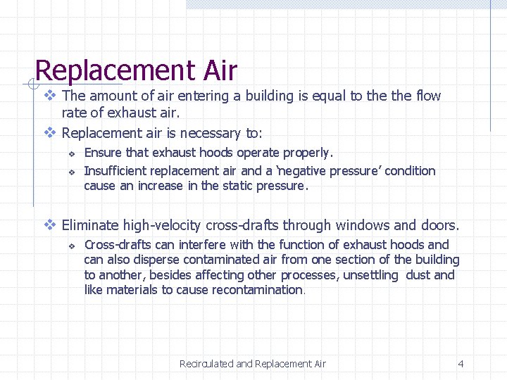 Replacement Air v The amount of air entering a building is equal to the Replacement Air v The amount of air entering a building is equal to the