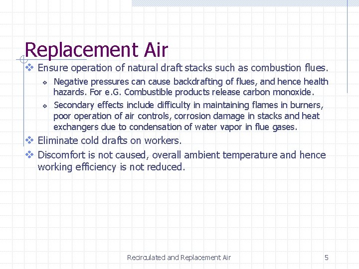 Replacement Air v Ensure operation of natural draft stacks such as combustion flues. v Replacement Air v Ensure operation of natural draft stacks such as combustion flues. v