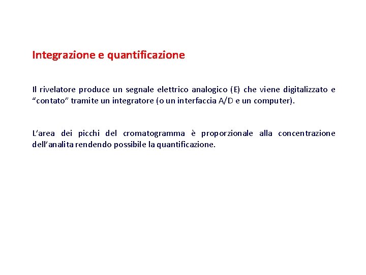 Integrazione e quantificazione Il rivelatore produce un segnale elettrico analogico (E) che viene digitalizzato