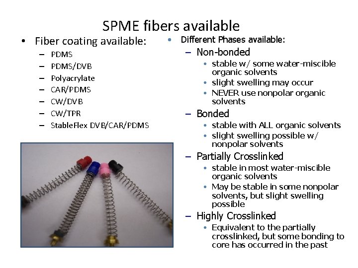 SPME fibers available • Fiber coating available: – – – – PDMS/DVB Polyacrylate CAR/PDMS