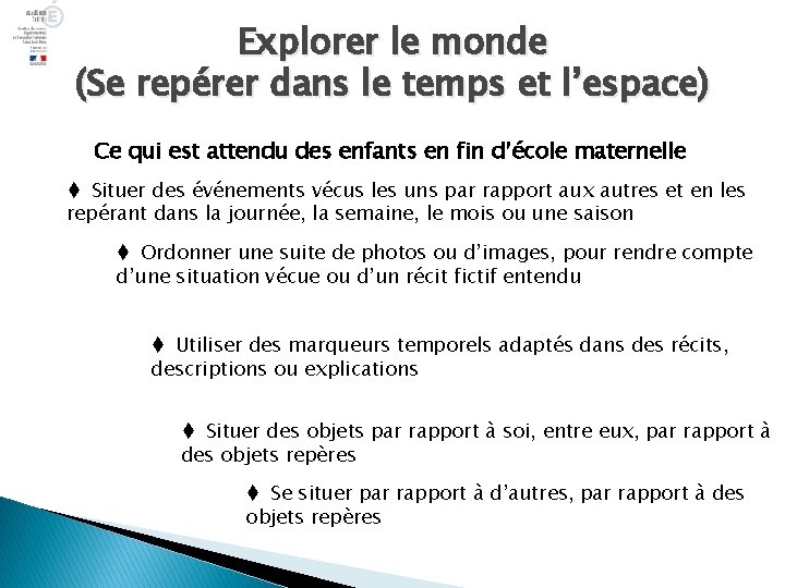 Explorer le monde (Se repérer dans le temps et l’espace) Ce qui est attendu