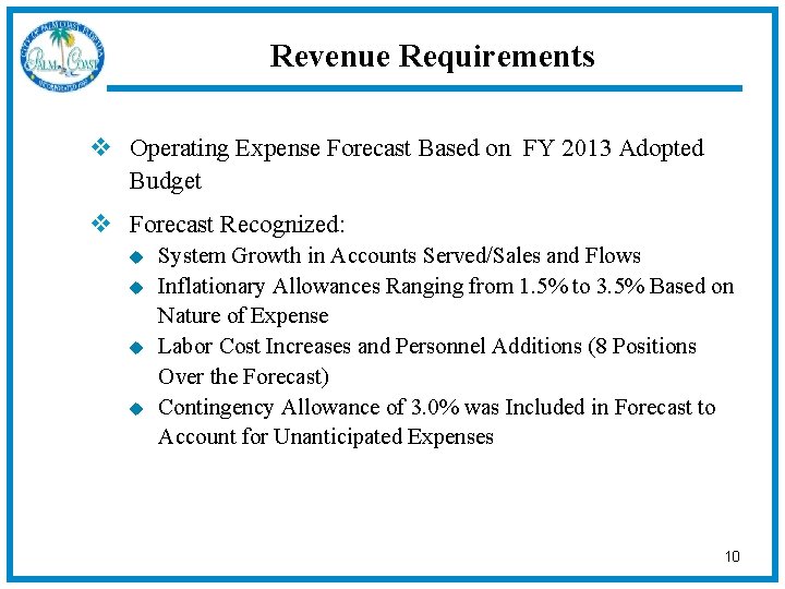 Revenue Requirements v Operating Expense Forecast Based on FY 2013 Adopted Budget v Forecast