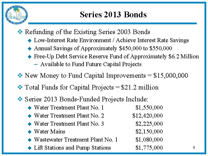 Series 2013 Bonds v Refunding of the Existing Series 2003 Bonds u u u