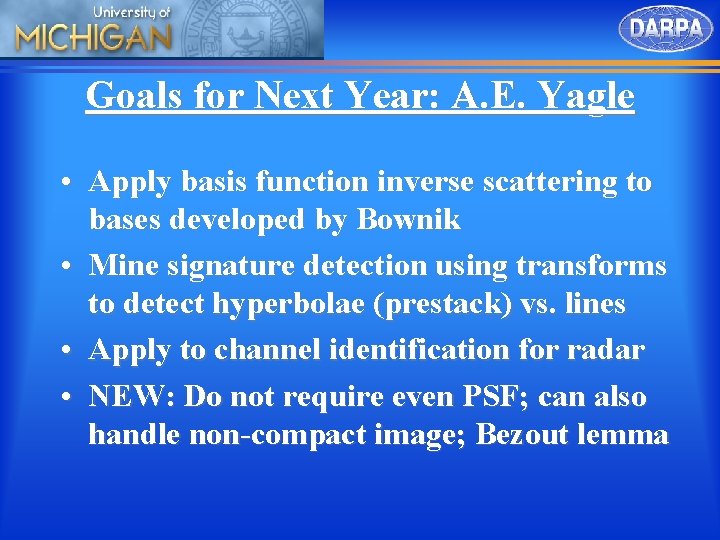 Goals for Next Year: A. E. Yagle • Apply basis function inverse scattering to