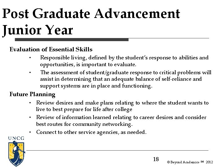Post Graduate Advancement Junior Year Evaluation of Essential Skills • • Responsible living, defined Post Graduate Advancement Junior Year Evaluation of Essential Skills • • Responsible living, defined