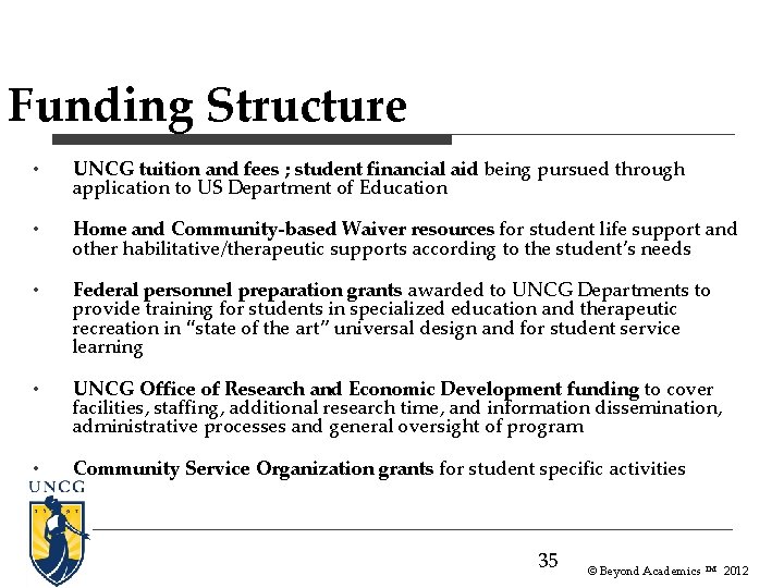 Funding Structure • UNCG tuition and fees ; student financial aid being pursued through Funding Structure • UNCG tuition and fees ; student financial aid being pursued through