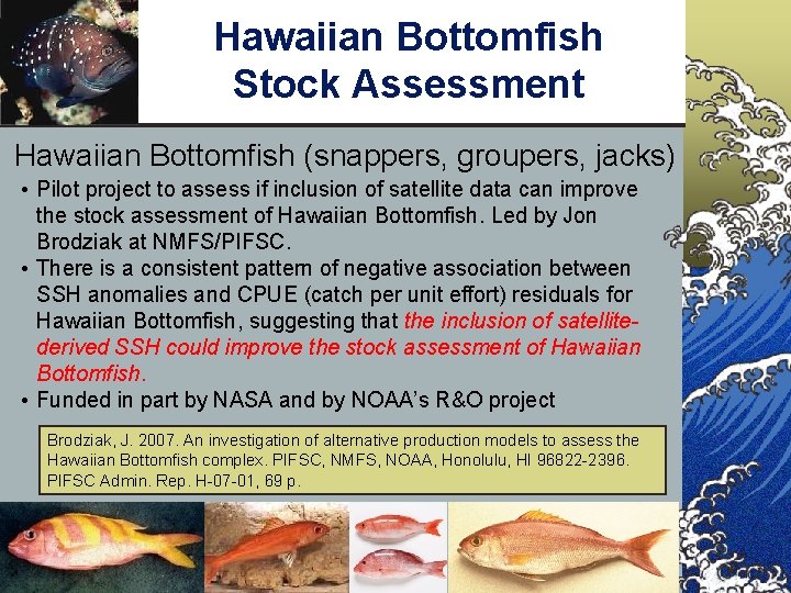 Hawaiian Bottomfish Stock Assessment Hawaiian Bottomfish (snappers, groupers, jacks) • Pilot project to assess